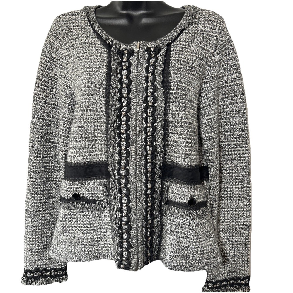 WHITE HOUSE BLACK MARKET Tweed Boucle Gray Embellished Full‎ Zip Jacket Size M